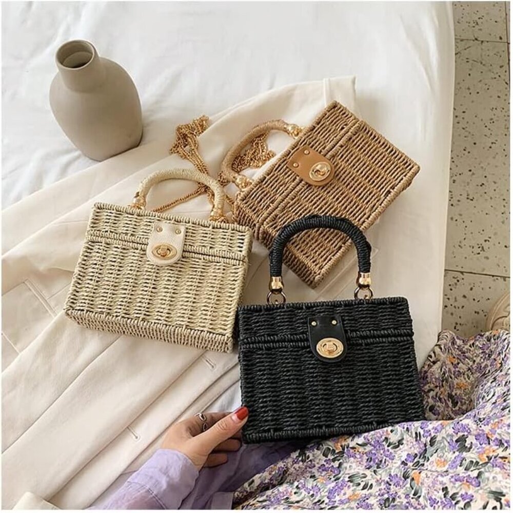 Handwoven Rattan vintage purse Bag Natural Chic Casual Handbag Beach Sea tote Ba - Picture 4 of 5